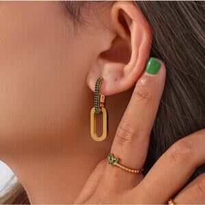 Green Zircon 18K Gold Plated Chain Drop‎ Earrings Stainless Steel